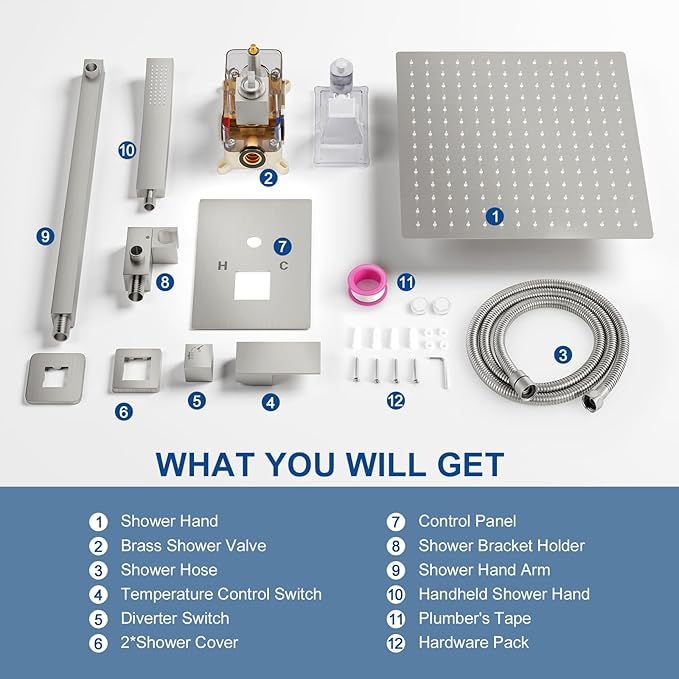 NERDON Luxury Rain Shower Head with Handheld Combo Set, Wall Mounted High Pressure Dual Shower Head System, Brushed Nickel Finish