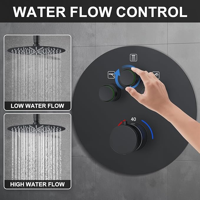 KOJOX Matte Black Thermostatic Shower System, Push Button Diverter Shower Faucet Set with 12" Ceiling Mount Rain Shower, 8" Wall Mount Shower Head, and 3-in-1 Handheld Spray