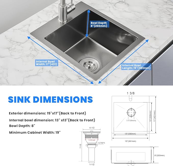 POPFLY Kitchen Sink, 15×17 Inch Drop In Black Small Kitchen Sinks, 304 Stainless Steel Bar or Prep Rv Single Bowl Sink, Fregaderos De Cocina Modernos