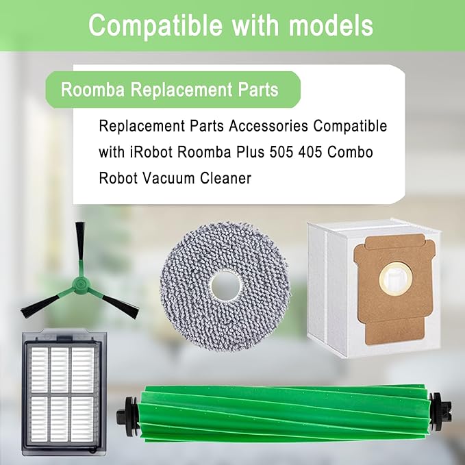 Replacement Parts Accessories Kit for iRobot Roomba Plus 505 405 Combo Robot Vacuum Cleaner, 2 Roller Brush, 6 Mop Pads, 6 Filters, 8 Side Brush, 8 Vacuum Bags