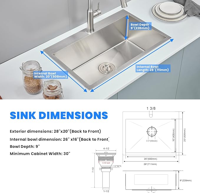 POPFLY 28×20 Inch Drop In SUS 304 Kitchen Sink, Top mount Stainless Steel 9 Inch Deep Single Bowl Kitchen Sinks, Brushed Nickel