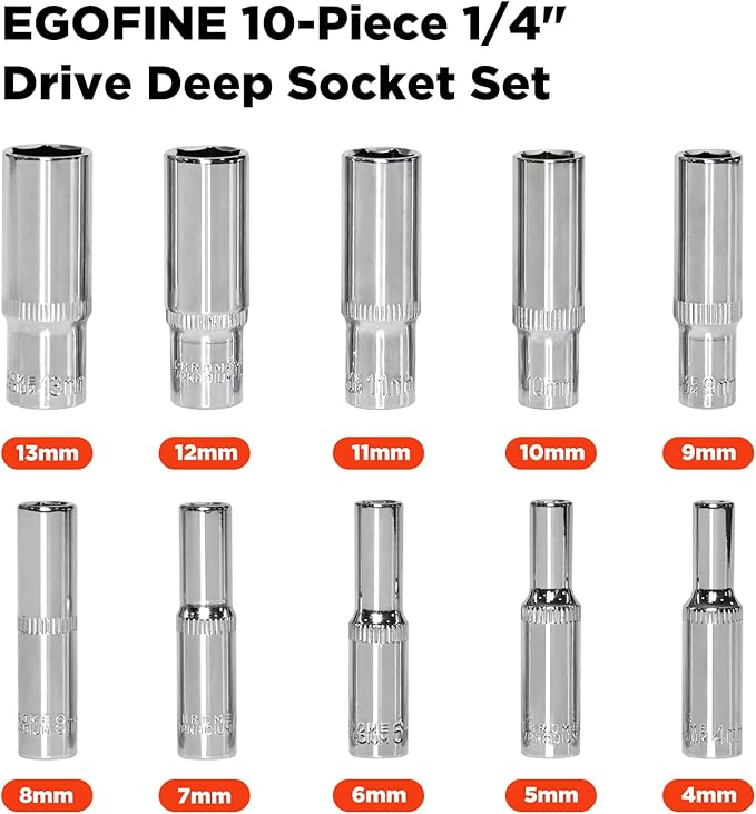 Egofine 10PCS 1/4” Drive Deep Socket Set,Metric Socket Set(4-13mm,6 Point Socket Set With Hanging Bracket,Cr-V Steel