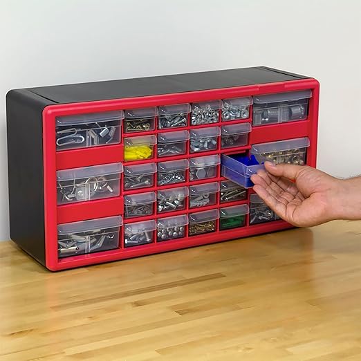 Akro-Mils 26-Drawer Plastic Drawer Storage Cabinet for Garage Organization, Bead Organizer, Building Bricks Storage, Teacher Toolbox, Makeup Organizer, 20-Inch W x 6-Inch D x 10-Inch H, 10126 Red