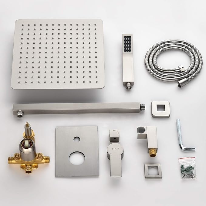 SHAMANDA Bathroom Rain Shower System, 12 Inch Luxuly Shower Head and Handheld Shower Faucet Combo Set Brushed Nickel(Including Rough-In Valve Body and Trim), Wall Mount, L7001-2