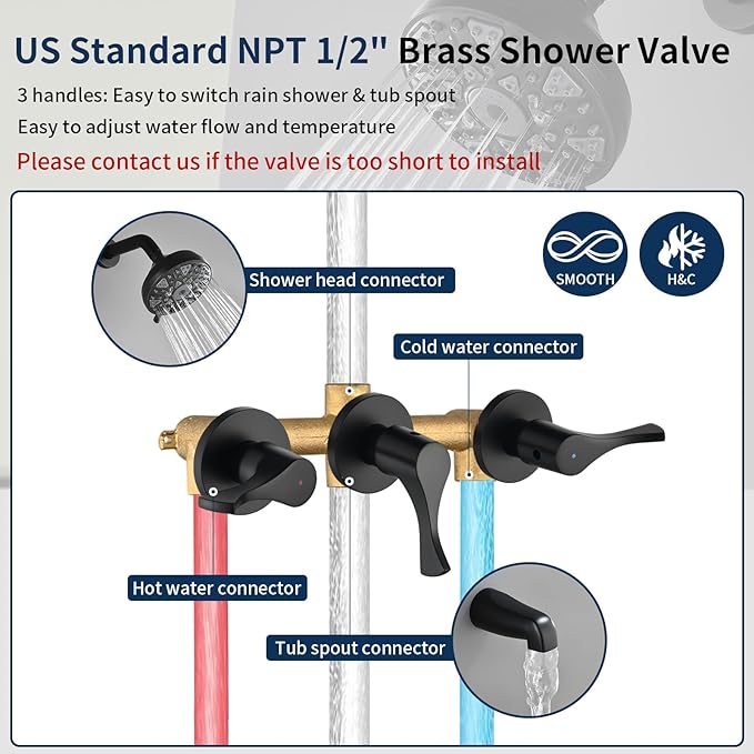 Matte Black 3 Handles Shower Faucet Set with Tub Spout Bathtub Shower Faucets Combo Set Shower System Complete Tub and Shower Trim Kit Shower Fixtures