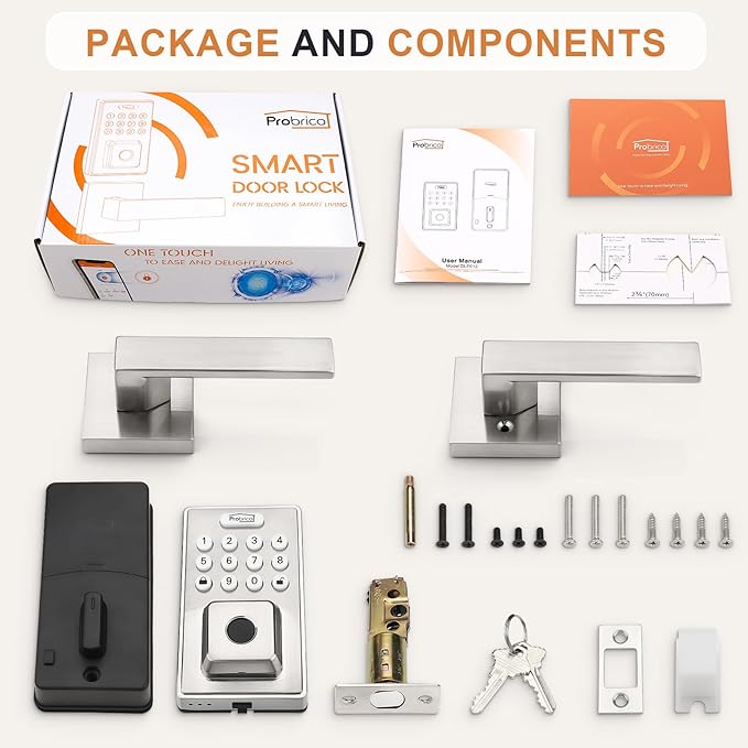 Probrico Keyless Entry Door Lock Smart Locks for Front Door, Keypad Door Lock with Handle Fingerprint Deadbolt with Handle Set, Satin Nickel Smart Deadbolt