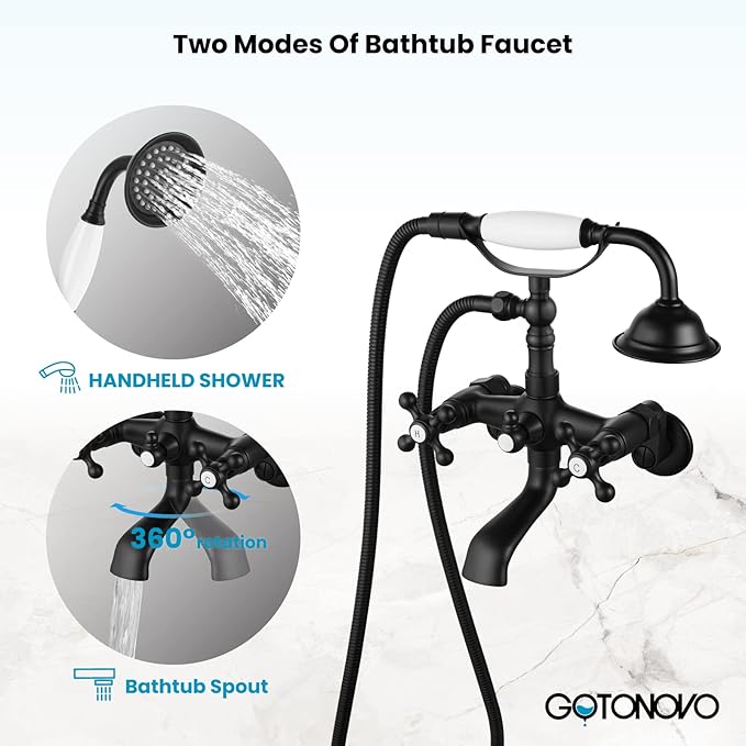 gotonovo Clawfoot Bathtub Faucet Tub Filler with Hand Held Shower Faucet Set Victorian Double Cross Handle 6 Inch Center Adjustable Swing Arms Tub Mount Short Adapter Matte Black