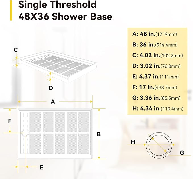 Sunrosa Shower Base 48"×36"×4", Single Threshold Shower Bases with Left Drain, Rectangle Solid Surface White Shower Pan, Slip Resistant Textured Surface, Include Stainless Steel Chrome Cover