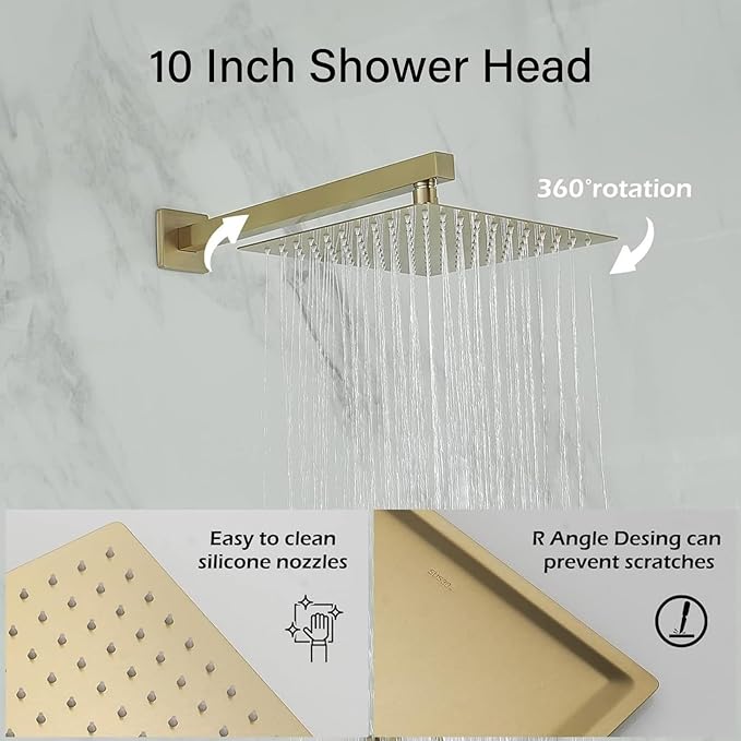BWE Brushed Gold Shower Faucets Sets 10 Inch Square Bathroom Luxury Rain Shower Head with Handheld Spray Wall Mounted Shower System Rough-in Valve and Trim Included