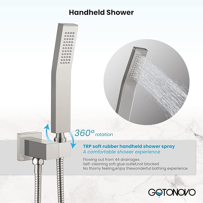 gotonovo Rain Shower Faucet System Set Rainfall Shower Head with Handheld Sprayer Waterfall Tub Spout Wall Mounted Mixer Combo Rough-in Valve and Trim Included 8 Inch Showerhead Brushed Nickel