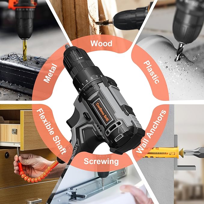 Cordless Drill Set, 20V Power Drill with Power Pack 2.0Ah and Charger, 3/8-Inch Keyless Chuck Electric drill, 25+1 Position, 42pcs Drilldriver Bits/Screws for DIY Projects (Black Grey)