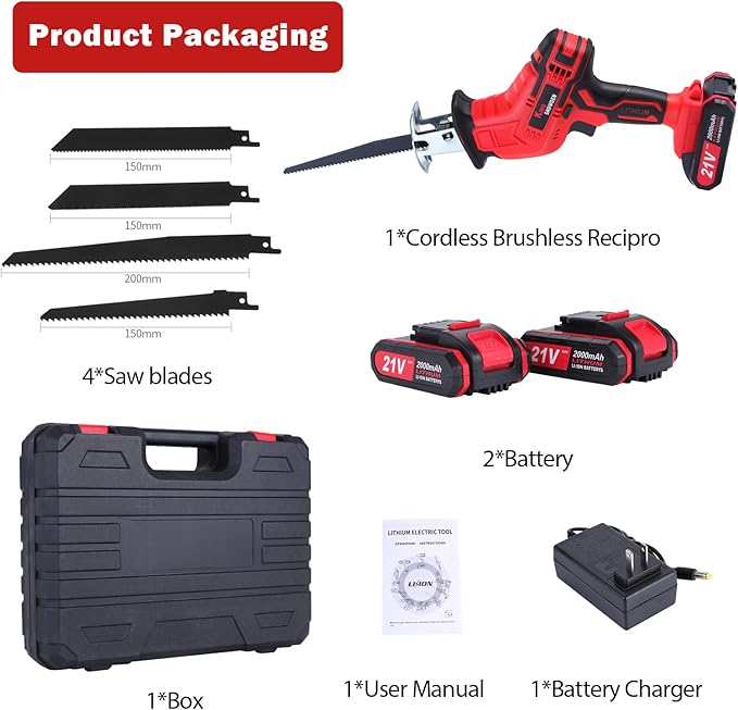 Cordless Reciprocating Saw | 21V 2000mAh * 2 Batteries, 3000RPM, 28mm Stroke Length, 4 Blades | Electric Power Reciprocating Saw for Wood/Metal/PVC Cutting