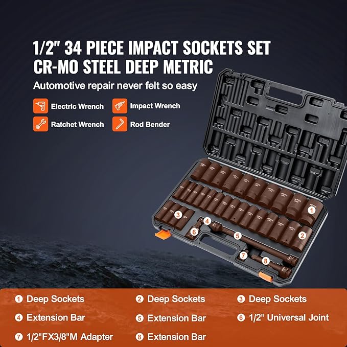 VEVOR 1/2" Drive Impact Socket Set, 34 Piece Socket Set Metric 8-36mm, 6 Point Cr-MO Alloy Steel for Auto Repair, Easy-to-Read Size Markings, Rugged Construction, Includes Storage Case