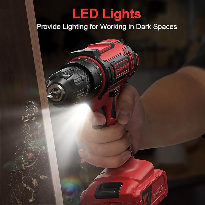 Cordless Drill Set, 20V Power Drill with Power Pack 2.0Ah and Charger, 3/8-Inch Keyless Chuck Electricdrill, 25+1 Torque, 42pcs Drilldriver Bits/Screws for DIY Projects (Red)