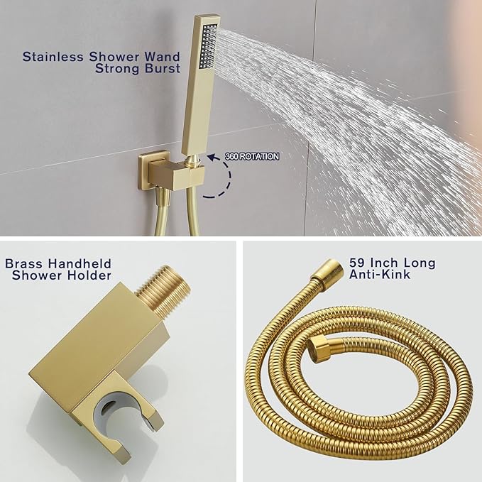 Shower Set Rain Shower System 12 Inch Ultra Large Shower Head High Pressure Brushed Gold Surface Dual Function Shower Vavle Trim Kit for Bathroom Shower Room Remodle