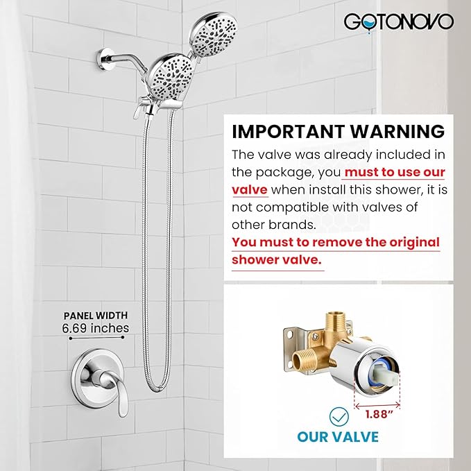 gotonovo Shower Valve and Trim Kit 2 in 1 Shower Head and Handle Set System Bathroom Shower Faucet Set 3 Modes Various Combinations High Pressure with Rough-in Valve Polished Chrome