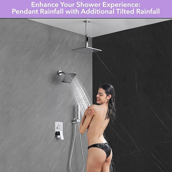 VANFOXLE Shower Faucet Set Chrome Shower System,Push Button Diverter Shower Faucet with 2 in 1 Handheld,Ceiling Mount Increased Thickness 10 Inch Shower Head with 6 Inch Wall Mount Shower Head