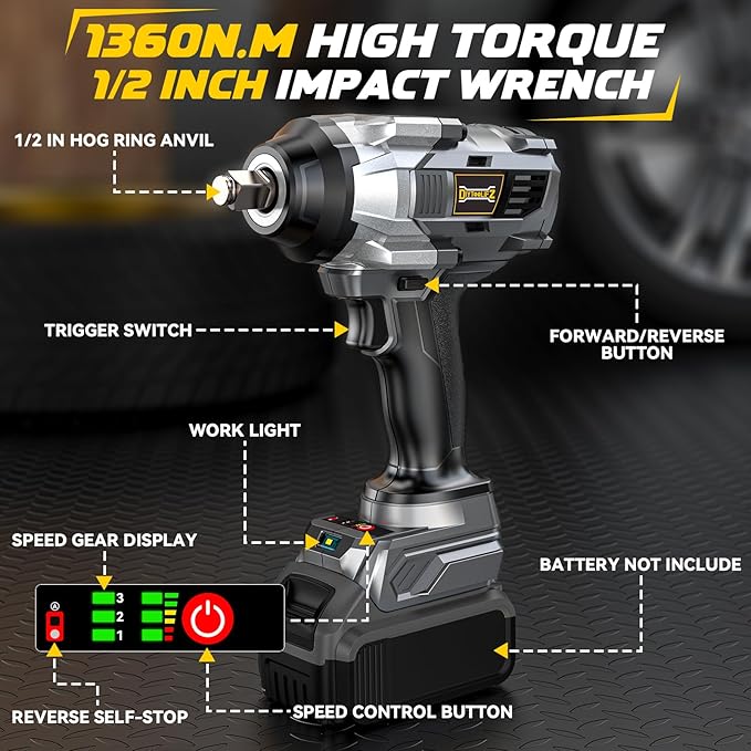 Cordless Impact Wrench 1/2” Compatible with Dewalt 20v Battery(No Battery), 1000FT-LBS(1360N.m) High Torque Impact Driver, Electric Impact Gun with LED Work Light, Variable Speeds, 4-Speed Control
