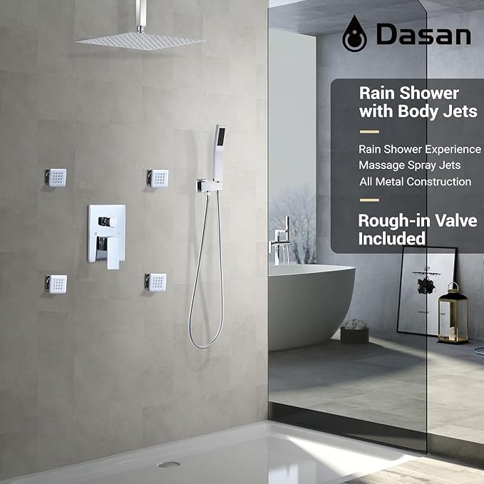 Polished Chrome Shower System with 4 PCS Shower Body Spray Jets & 12’’ Ceiling Shower Head & Handheld Spray, DASAN Full Body Shower Faucet System with Jets Rainfall Shower Combo Set, SA-SS03BCH-S12C
