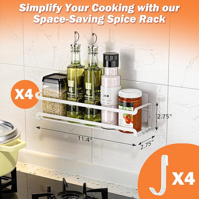 Spice Rack wall mounted 4 Pack, Space-Saving Spice Organizer for Spice Jars and Seasonings,Screw or Adhesive Hanging Spice Rack Organizer for Your Kitchen Cabinet,or Pantry Door,White