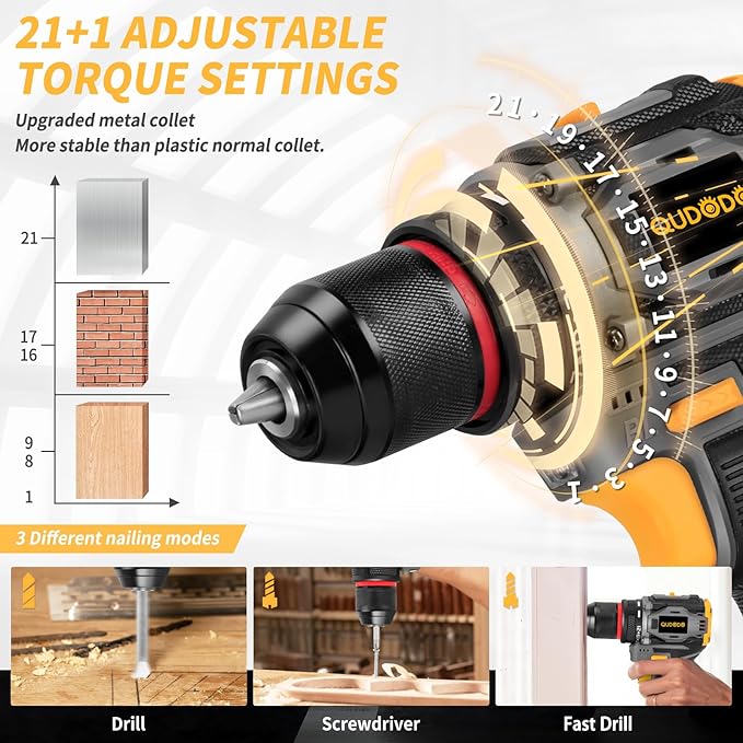 QUDODO Brushless Compact Drill Tool Set, 120PCS 45N. m 18V Cordless Drill Kit with 2 Battery, Woman Household Tool Kit with Electric Driver, Taladro Set with Inalámbrico for Daily Home Basic Repair