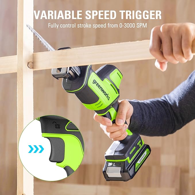 Greenworks 24V Brushless 1" Compact One-Handed Reciprocating Saw (3,000 SPM), Cordless Powered Variable Speed Recip Saw, 2.0Ah Battery and Compact Charger Included, RSG404