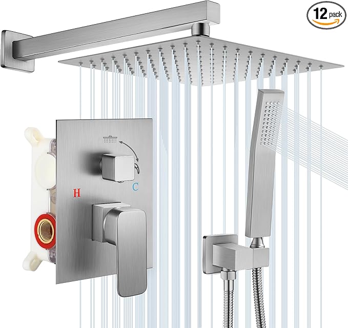 Rainfall Bathroom Shower System, 12-Inch Rain Shower Head and Handle Set, Wall Mounted Dual Shower Combo, All Metal Decorative Shower Luxury Kit Nickel-plated (with Shower Valve)