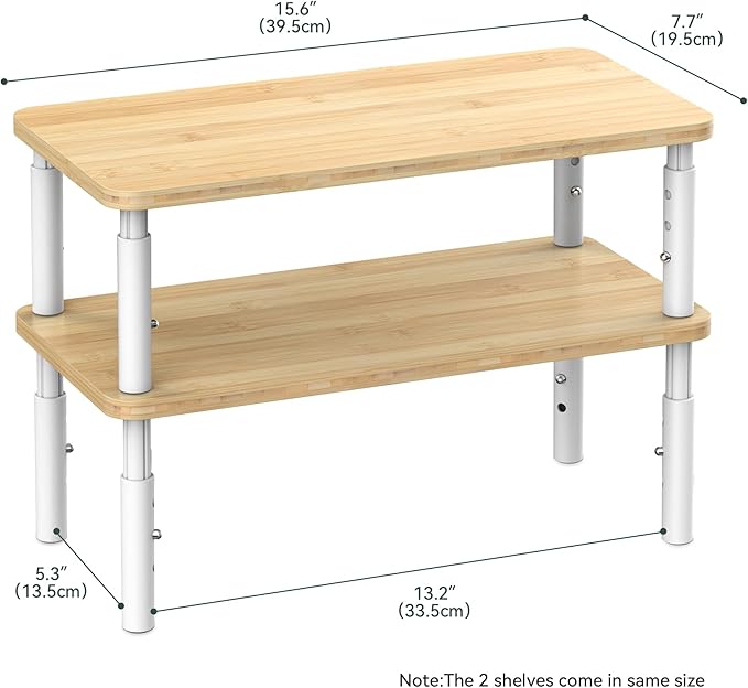 Cabinet Organizer Shelf, Spice Rack Set of 2 Kitchen Pantry Cupboard Shelves, Stackable, Height Adjustable, Natural Bamboo (15.6" W)