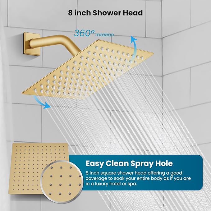 gotonovo Rain Shower Faucet System Set Rainfall Shower Head with Handheld Sprayer Waterfall Tub Spout Wall Mounted Mixer Combo Rough-in Valve and Trim Included 8 Inch Showerhead Brushed Gold