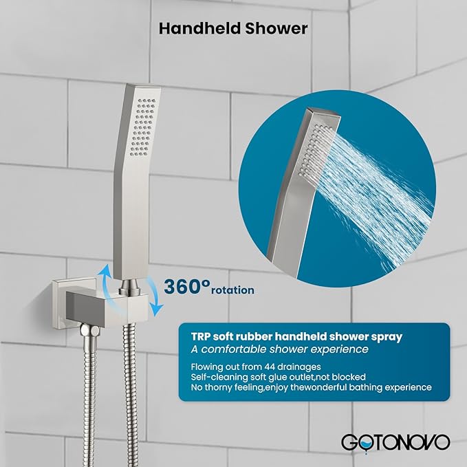 gotonovo Shower System with Tub Spout,Waterfall Tub Shower Faucet Set for Bathroom Head and Handle Set Wall Mounted 3 Function Rough-in Valve and Trim Included 10 inch Shower Head Brushed Nickel