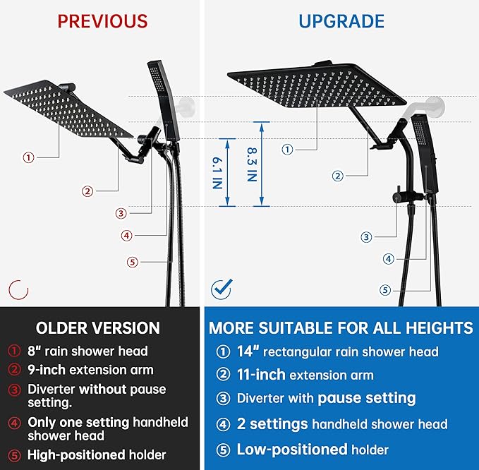 G-Promise All Metal 14 Inches Rain Shower Head with Handheld Built-in Power Wash Mode, 3-way Shower Diverter with Pause Setting, 11 Inches Adjustable Extension Arm, Long Hose (Matte Black, 14 Inches)