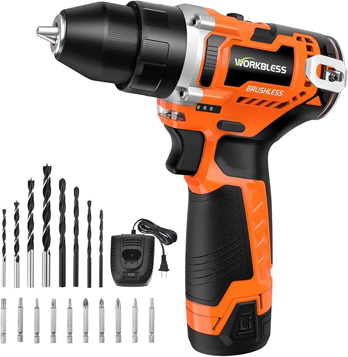 12V Brushless Power Drill, Cordless Drill with LCD Smart Display, 29+1 Torque Setting, 3/8 Inch Keyless Metal Chuck, 2.0Ah Battery, Fast Charger and 18Pcs Bits Included(Orange)
