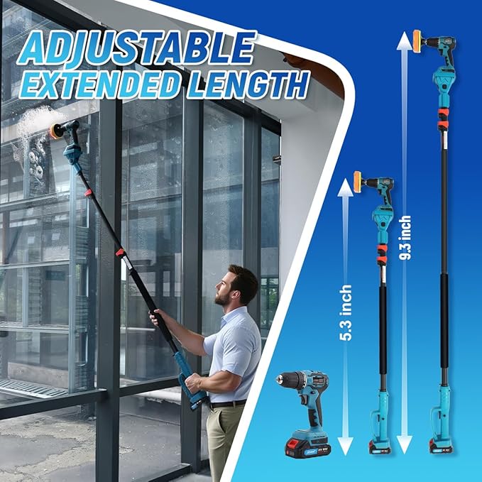 Cordless Telescoping Cleaning Tools&Power Drill with 2-Max 20V Batteries and 2.0A Charger 2-in-1 Cordless Pole Drill 5.3 to 15-Feet with 180° Telescoping Pole Include 7Pcs Drill Brushes