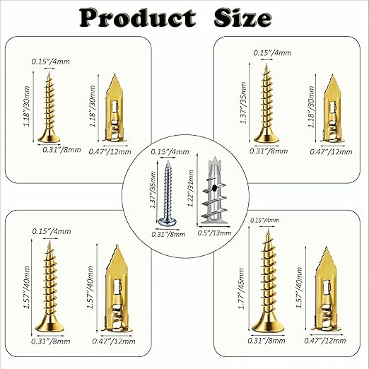 380pcs Self Drilling Drywall Anchors with Screws, 5 Different Sizes Zinc Plated Steel Self-Drilling Anchors Set, Easy Application No Drill or Holes in Wall