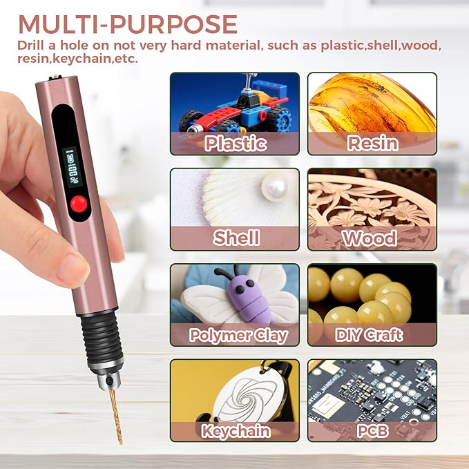 3-Speed Cordless Mini Drill Pen, Rechargeable DIY Electric Hand Drill with 10 Small Drill Bits for Jewelry Making Stone Plastic Resin Keychains-Beginner Friendly (Red Brown)