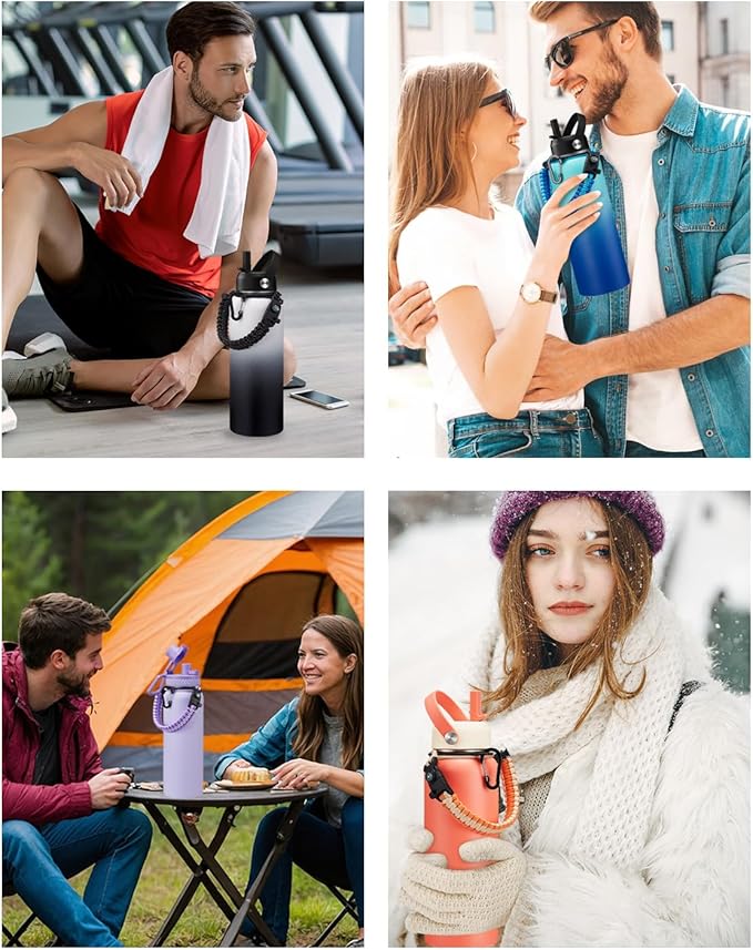 Insulated Water Bottle 40oz - Triple Wall Metal Water Bottle with Straw & Spout Lid, Paracord Handle, Bottle Carrier Bag, Water Bottles Stainless Steel 40 oz