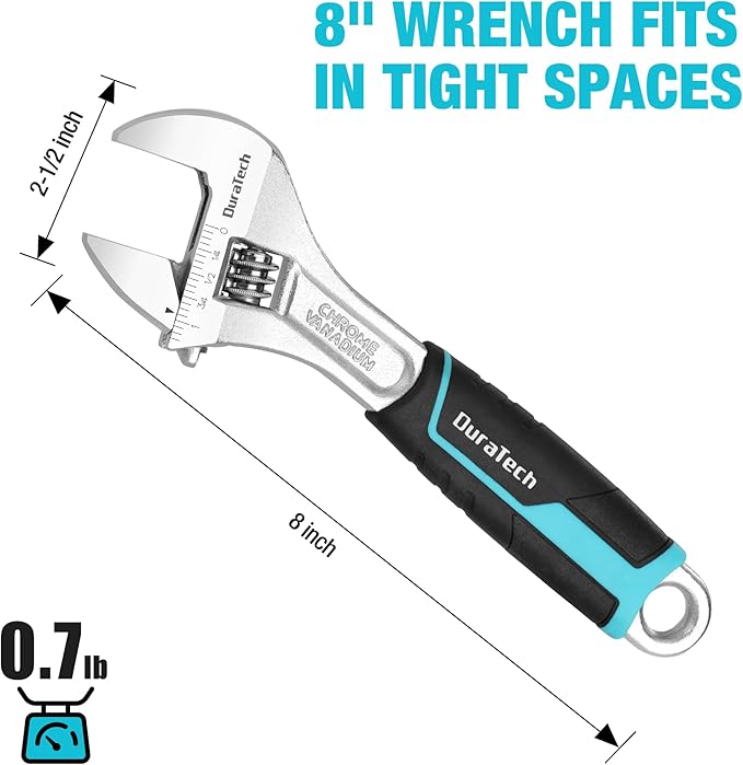 DURATECH 8-Inch Adjustable Wrench, Cr-V Steel Wrench, Wide Jaw Wrench, Metric & SAE Scales, for Home, Garage, Workshop and DIY
