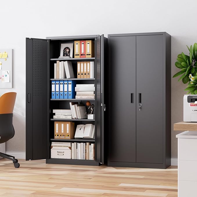 70.87" H Metal Garage Cabinet with 2 Doors and 5 Adjustable Shelves,Metal Storage Cabinet with Pegboards and Hooks for Garage, Office, Home,Gym, School, Assembly Required,Black