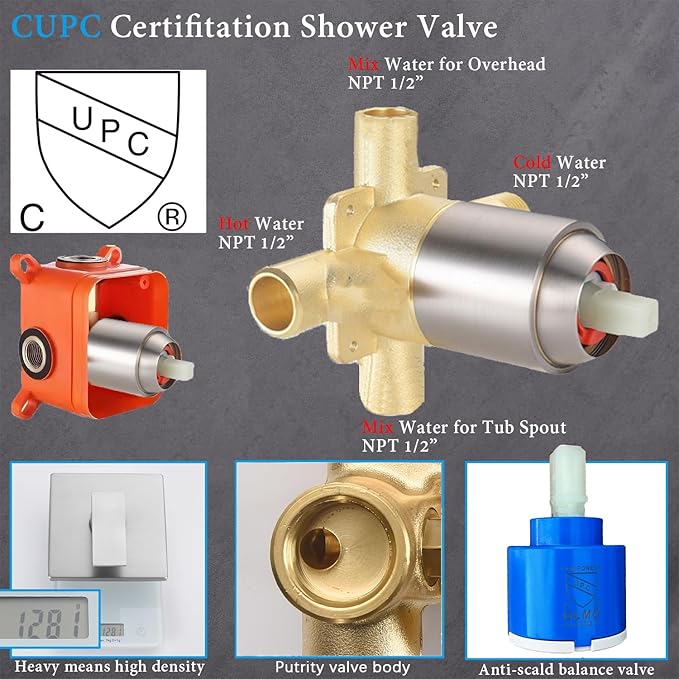 Shower Faucet Set Brushed Nickel Rough-in Anti-Scald Pressure Balanced Valve Body Modern Luxury Wall Mounted 10 Inch Rain Mixer Shower System (Brushed Nickel)
