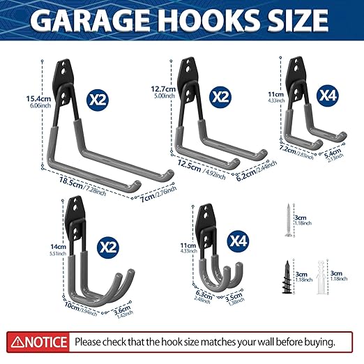 3-H Garage Wall Hooks 14 Pack, Garage Hooks Heavy Duty with Extra Welding Spots, Wall Mount Storage Organizer for Hanging Garden Lawn Tools Ladder Bike WeedEater Chair Shovel Blower (Grey)