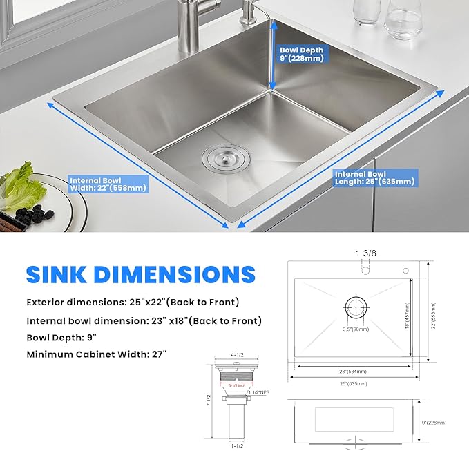 POPFLY 25×22 Inch Drop in Kitchen Sink, Top mount Stainless Steel Single Bowl Sink, 18 Gauge Hand-made Overmount 9 Inch Deep Sink, Brushed