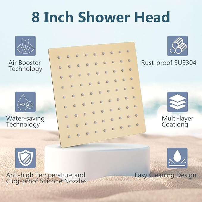 Aolemi Shower System with Rainfall Shower Head and Handheld Wall Mount,High Pressure Shower Faucet Set Fixture Combo with 2 in 1 Handheld Spray Rough-in Valve,8 Inch Shower Head Brushed Gold