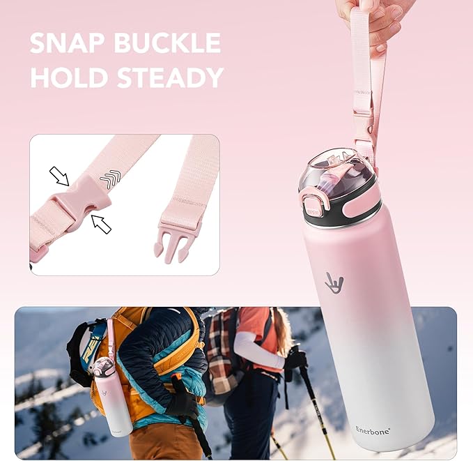 Enerbone Insulated Water Bottle, 32 oz Stainless Steel Water Bottles with Carrying Strap, Double-Wall Vacuum Insulation Thermos, Leakproof Sports Bottle with Straw, Keep Drinks Hot or Cold for Hours