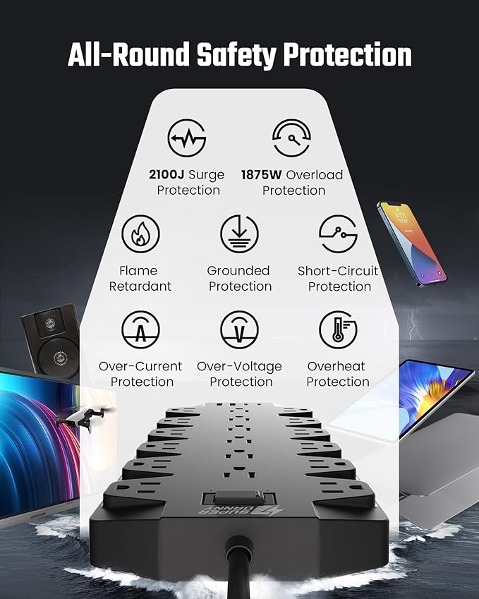 Surge Protector Power Strip, SUPERDANNY 18 AC Outlets with 4 USB Ports, 1875W/15A, 2100J, 6.5FT Flat Plug Heavy Duty Extension Cord with Wall Mount Holes for Home, Office, Gaming Room,Dorm, Black