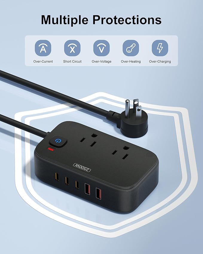 Power Strip with USB C - 40W Charging Station with 2 Outlets 3 USB C & 2 USB A - Charger for Multiple Devices, 5Ft Flat Plug Extension Cord for Travel Cruise Ship Office Dorm (Black)