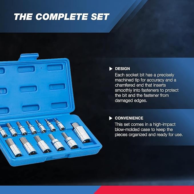 NEIKO 10074A Metric Hex Bit Socket Set | 13-Piece Set | S2 and Cr-V Steel | 1/4-Inch, 3/8-Inch and 1/2-Inch Drive | 2mm to 14mm