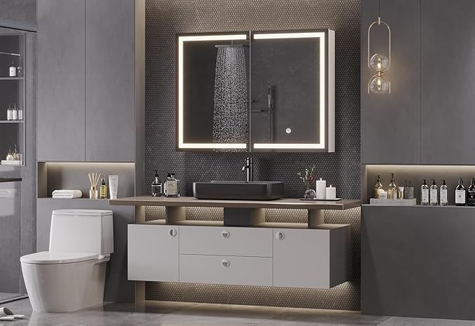 DICTAC Bathroom Medicine Cabinet with Mirror and LED Light, Wall Mounted Bathroom Mirror with Storage, 2 Doors Bathroom Wall Cabinet, Memory Dimmable 3 Color Temp, Adjustable Shelves, 31.5''x23.6''