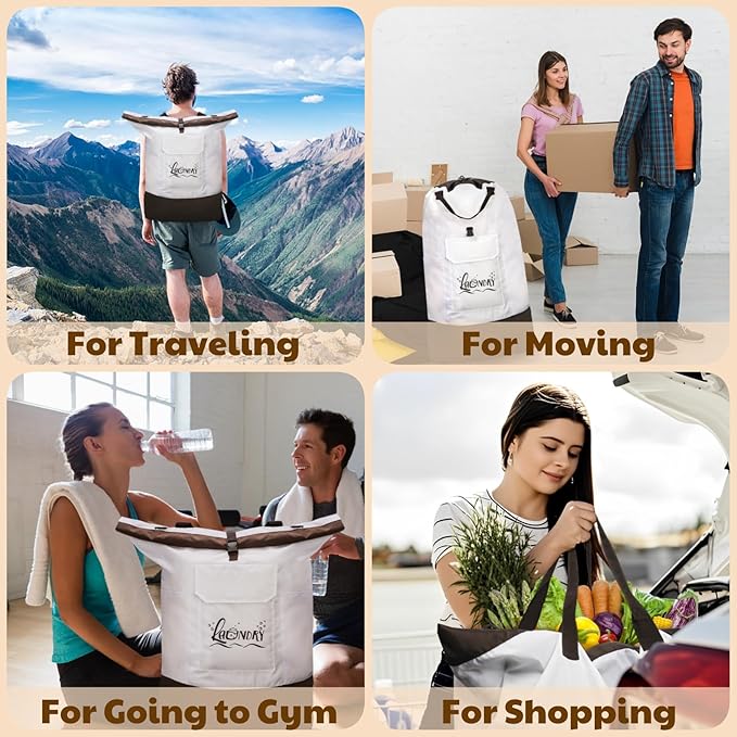 Backpack Laundry Bag, 125L Extra Large Travel Laundry Backpack, Waterproof Oxford Fabric Hamper Bag with Shoulder Straps, Extendable Dirty Clothes Bags for College Laundromat Apartment, Khaki