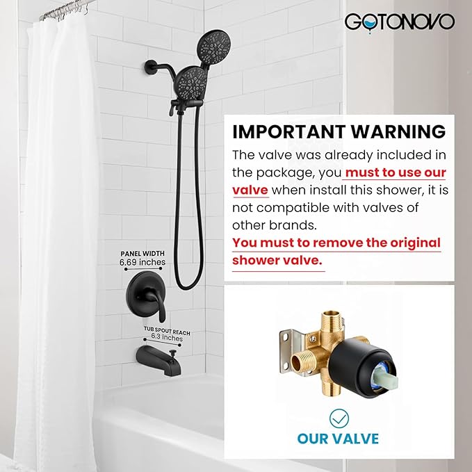 gotonovo Tub Shower Faucet Set,2 in 1 Dual Shower Head and Handle Set with Tub Spout Wall Mount Bathroom Shower Trim Kit with 3-way Water Diverter Valve Included Various Modes Matte Black
