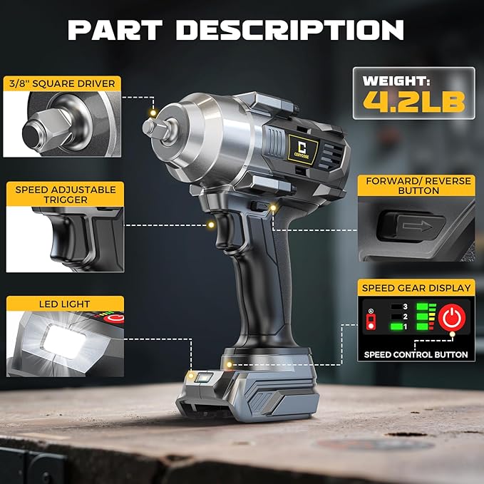 Cordless Impact Wrench Compatible with Dewalt 20V Max Battery, 3/8" 600Ft-lbs (800N·m), Brushless Electric Impact Driver, 2400 RPM, LED Light – Compact, Light-Duty, No Battery Included